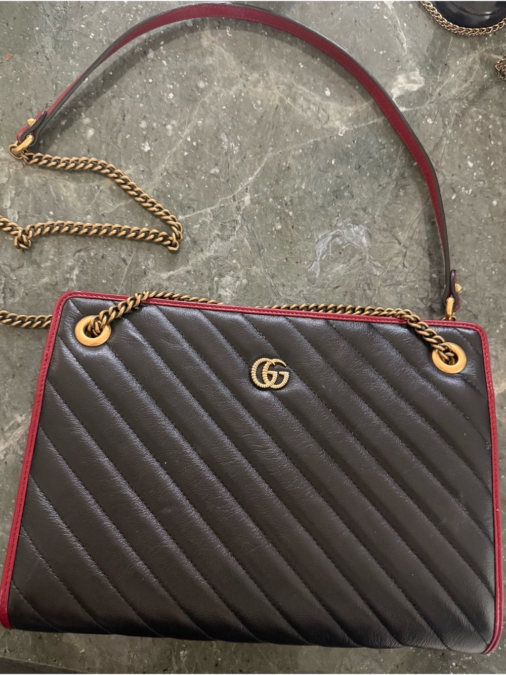 Gucci Black Quilted Leather Shoulder Bag with Red Trim and Gold Hardware
